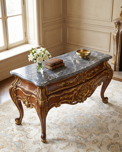Baroque Console Table with Black Marble Top & Drawer Storage