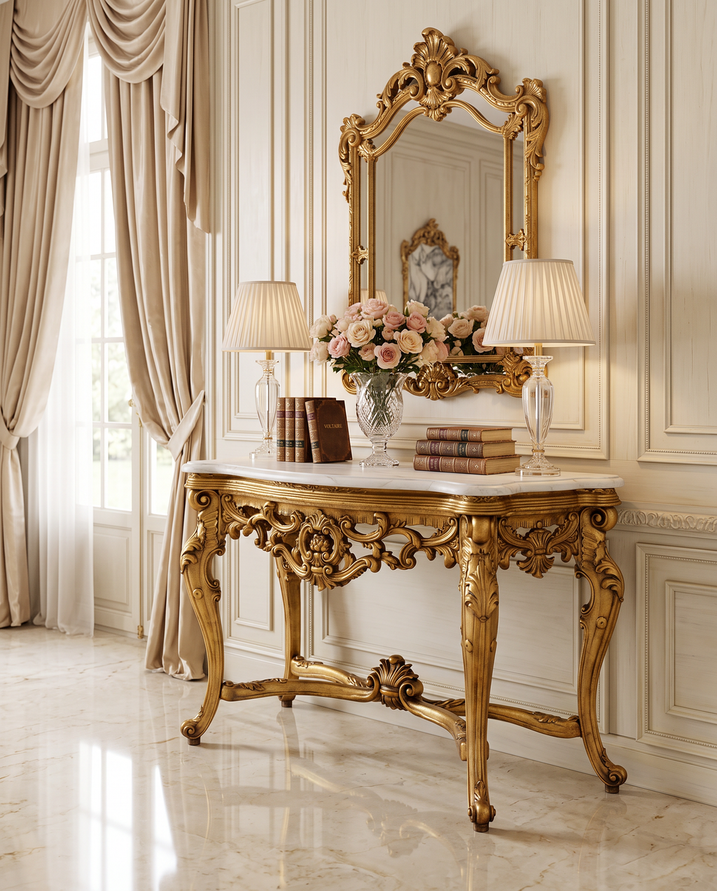 Baroque Gold Console Table – White or Brown Marble Top