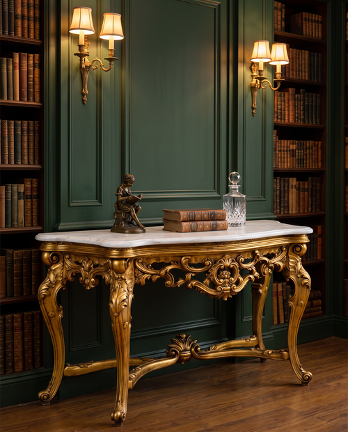 Baroque Gold Console Table – White or Brown Marble Top