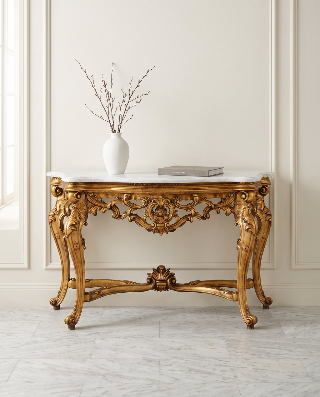 Baroque Gold Console Table – White or Brown Marble Top