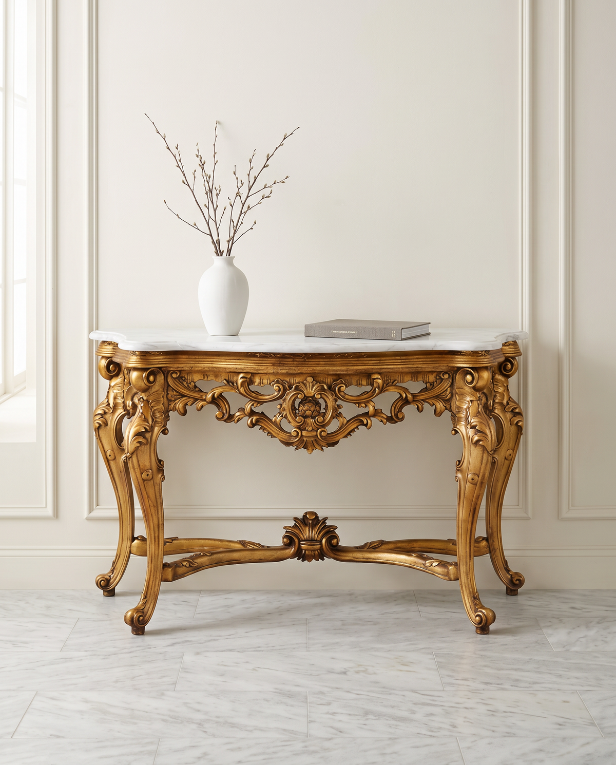 Baroque Gold Console Table – White or Brown Marble Top