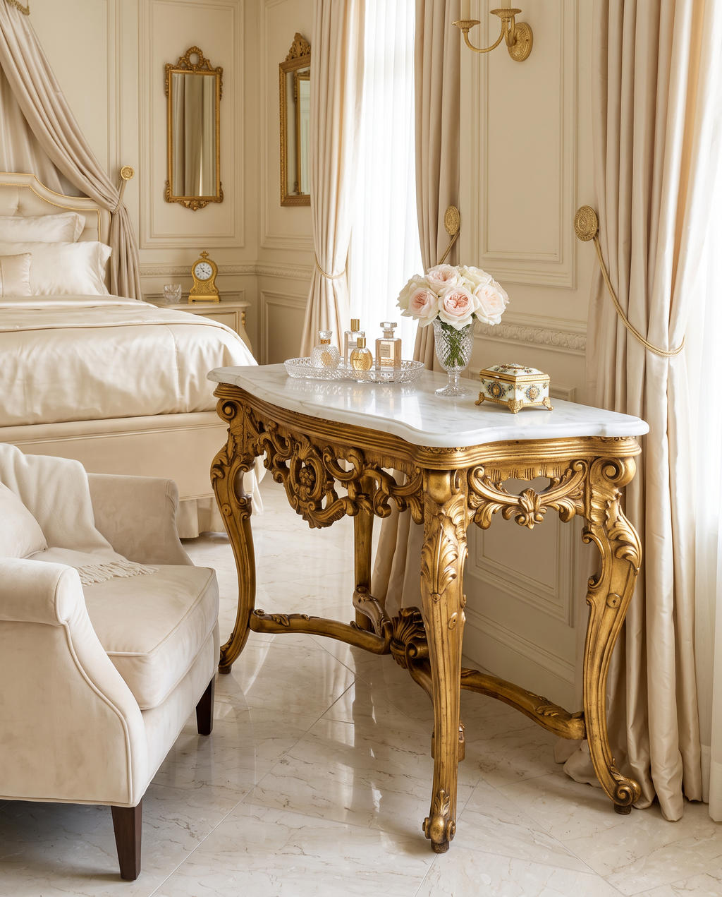 Baroque Gold Console Table – White or Brown Marble Top