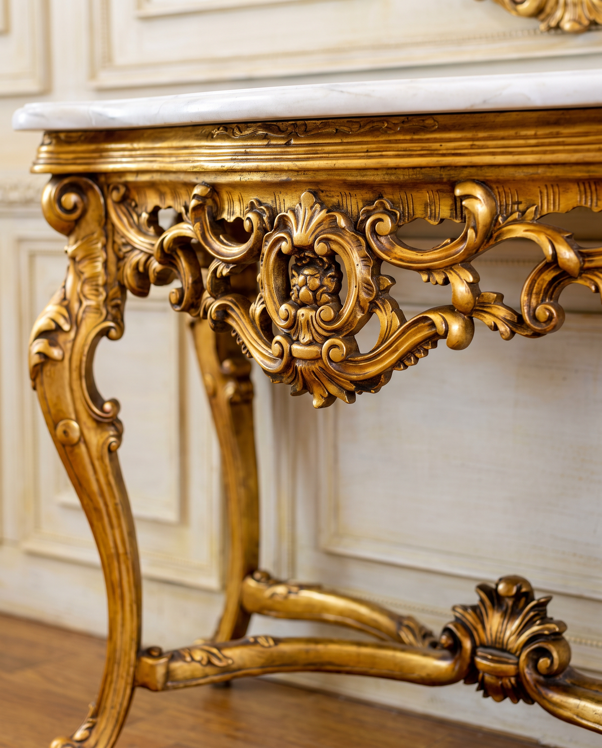 Baroque Gold Console Table – White or Brown Marble Top