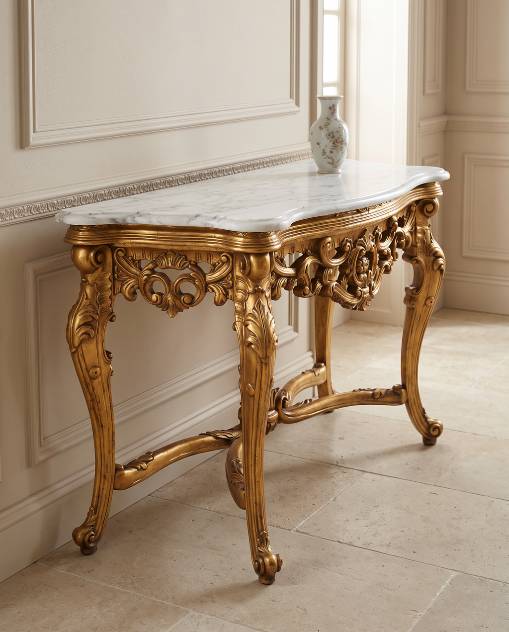 Baroque Gold Console Table – White or Brown Marble Top
