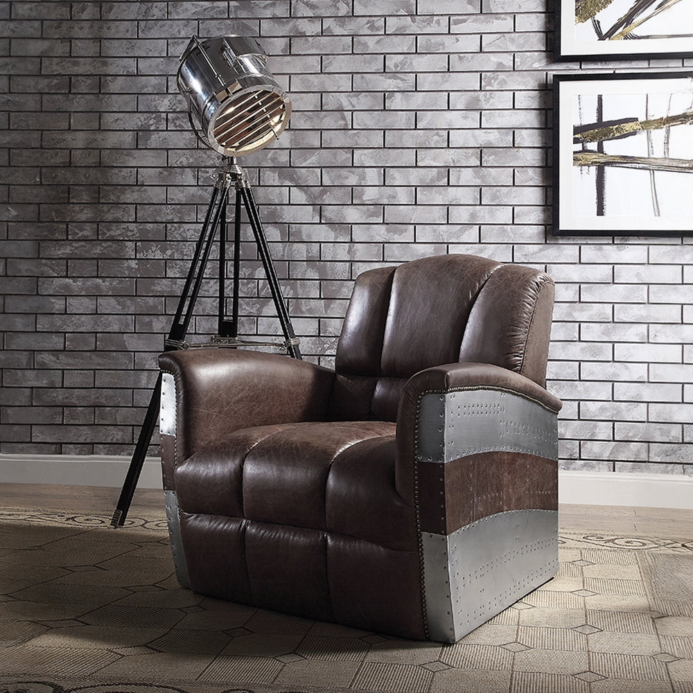 Industrial Aviator Top-Grain Leather Accent Chair – Retro Brown & Aluminum