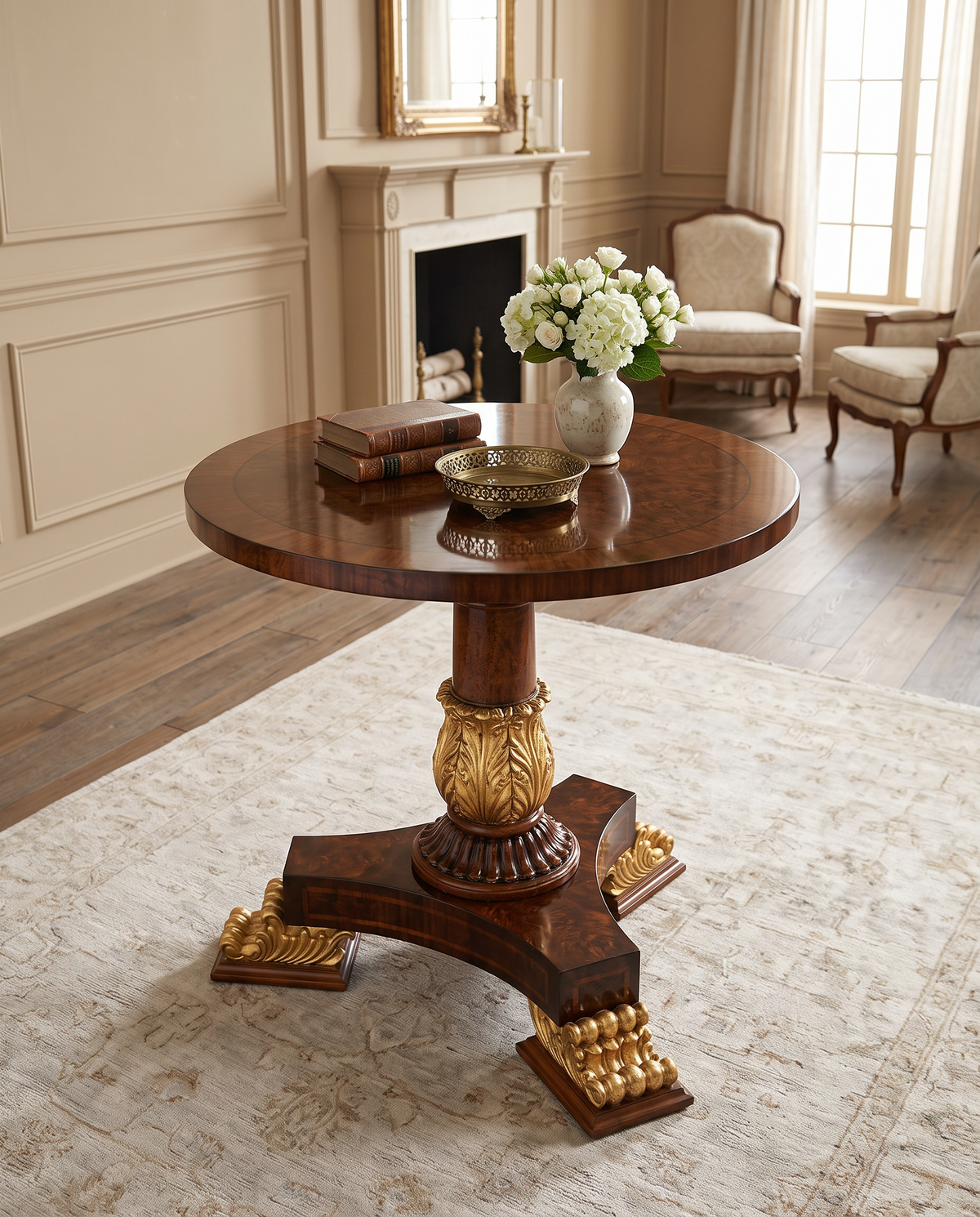 Carved Pedestal Round End Table – Walnut & Antique Gold
