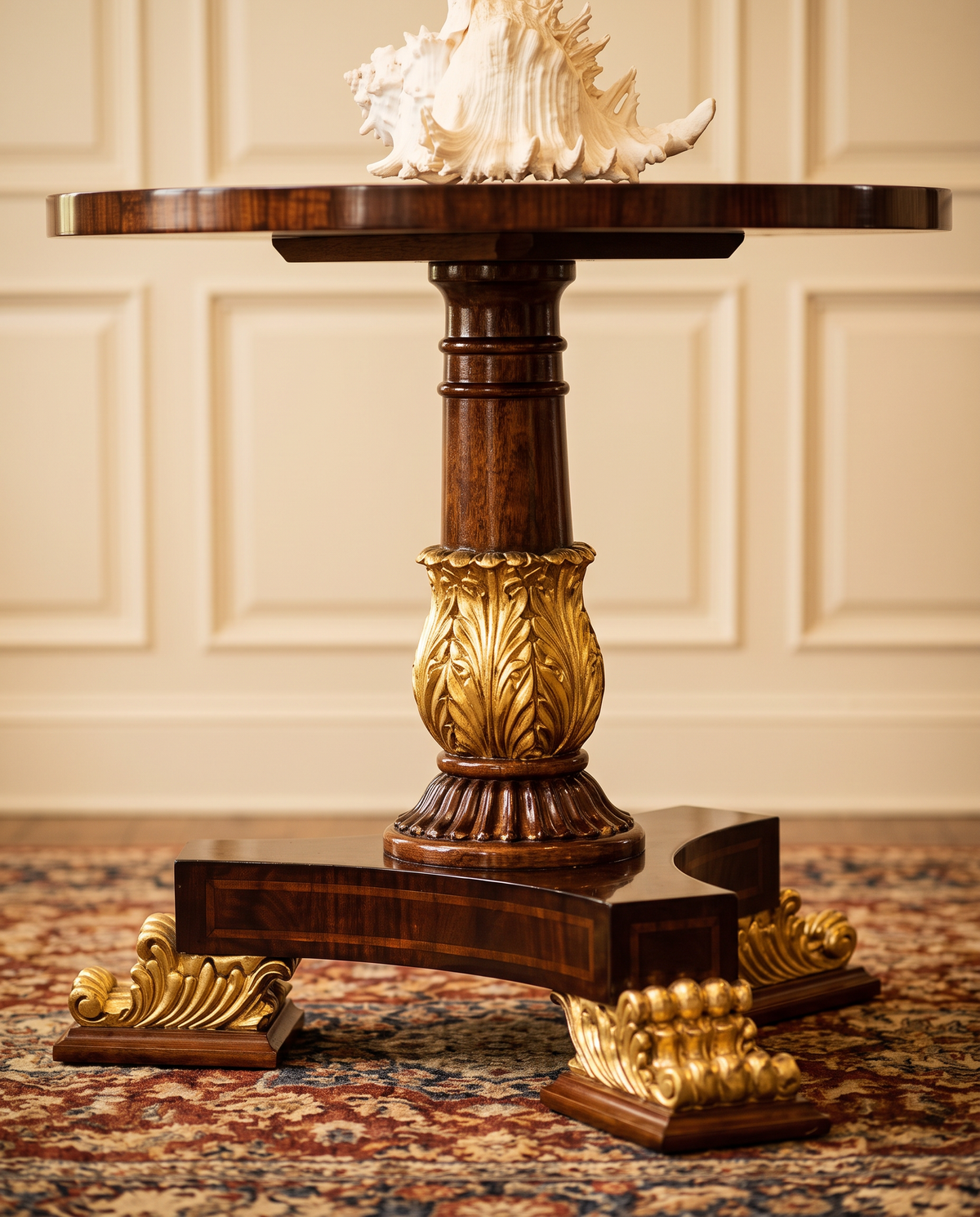 Carved Pedestal Round End Table – Walnut & Antique Gold