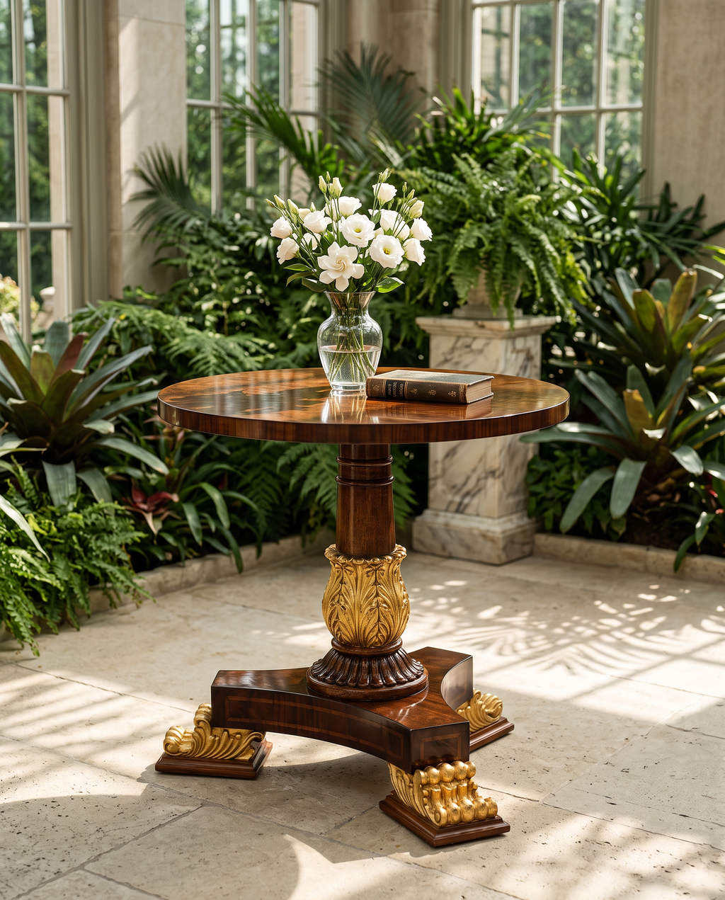 Carved Pedestal Round End Table – Walnut & Antique Gold