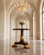 Carved Pedestal Round End Table – Walnut & Antique Gold