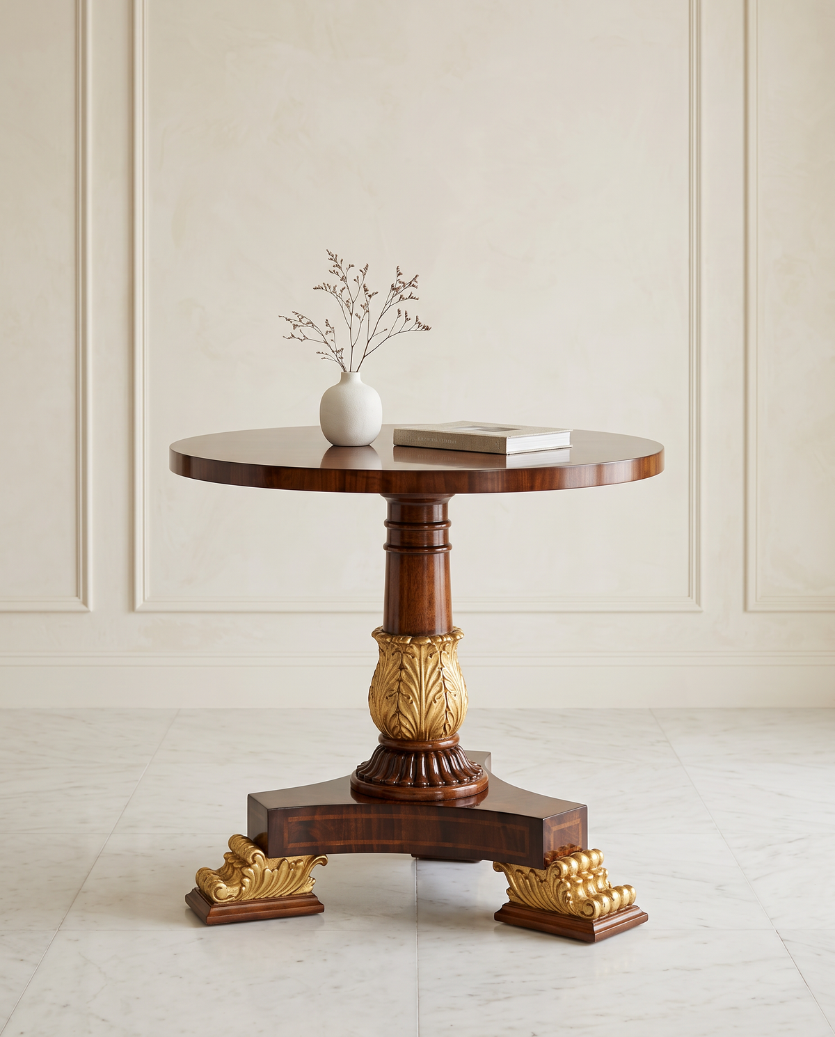 Carved Pedestal Round End Table – Walnut & Antique Gold