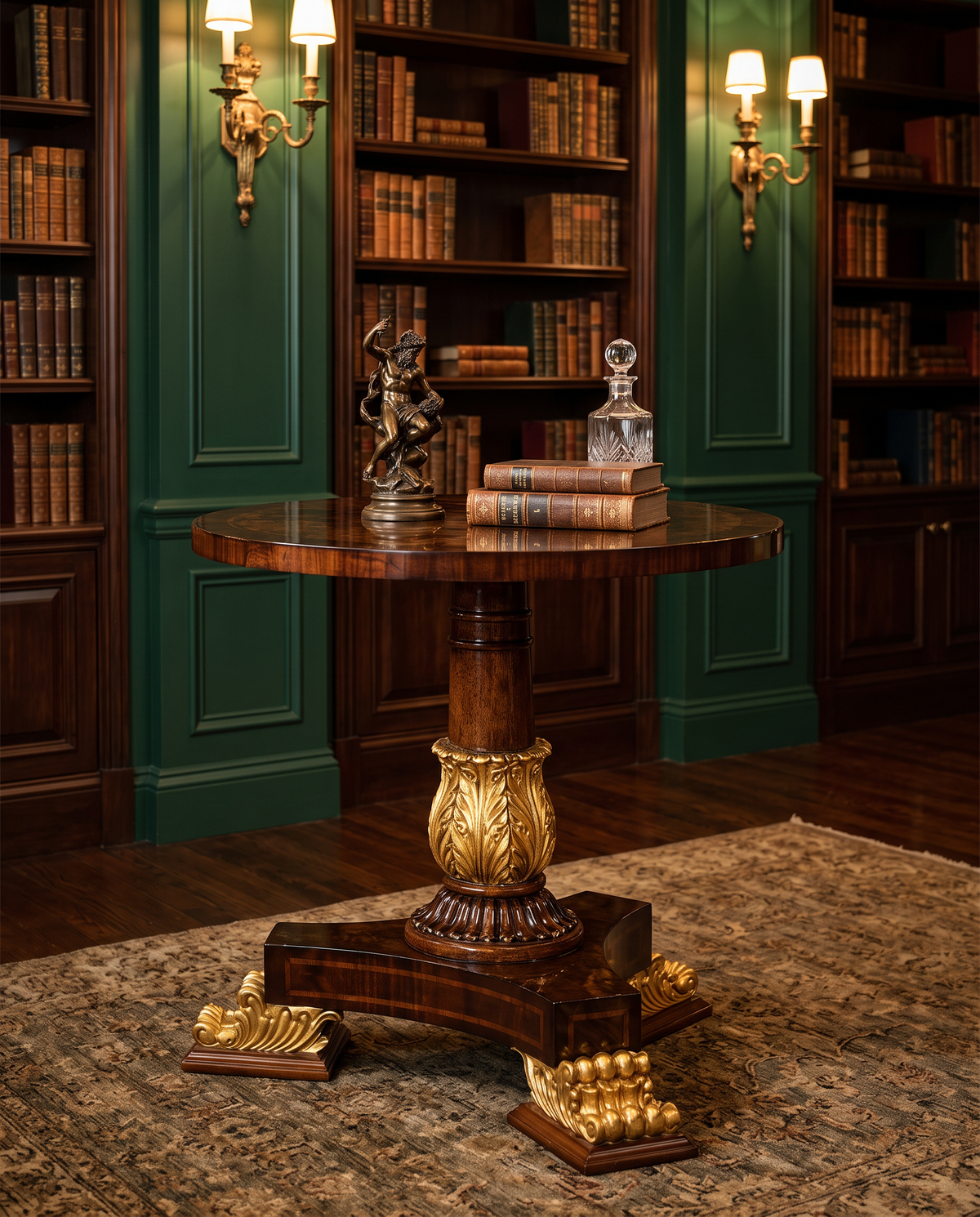 Carved Pedestal Round End Table – Walnut & Antique Gold