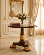 Carved Pedestal Round End Table – Walnut & Antique Gold