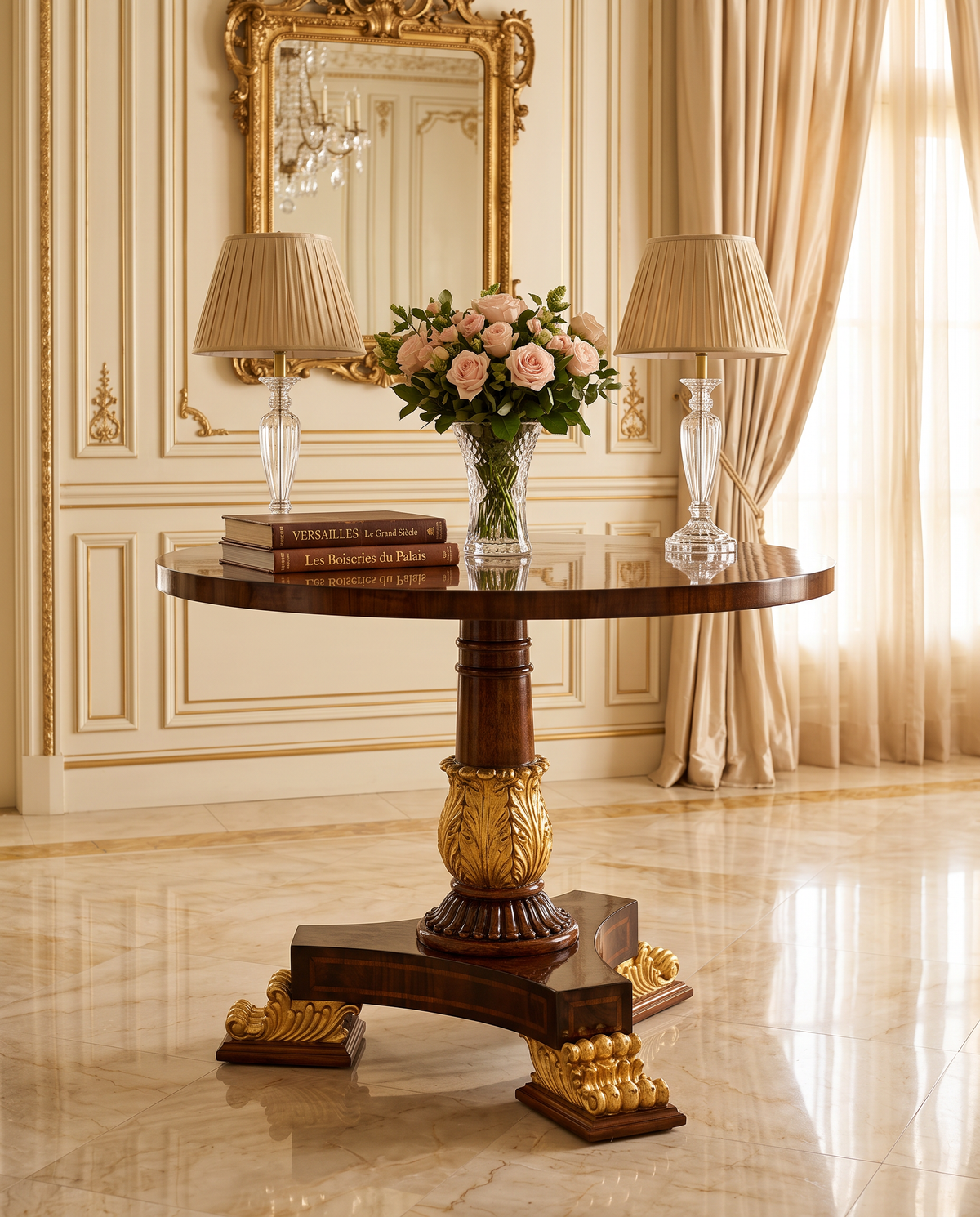 Carved Pedestal Round End Table – Walnut & Antique Gold
