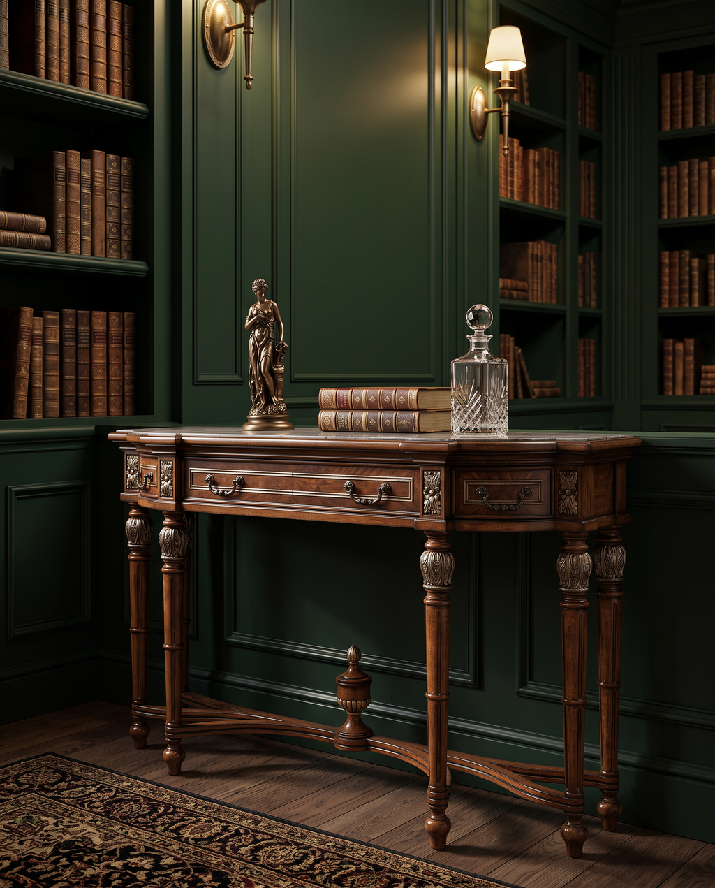 Carved Walnut Console Table with Drawers – Solid Beech