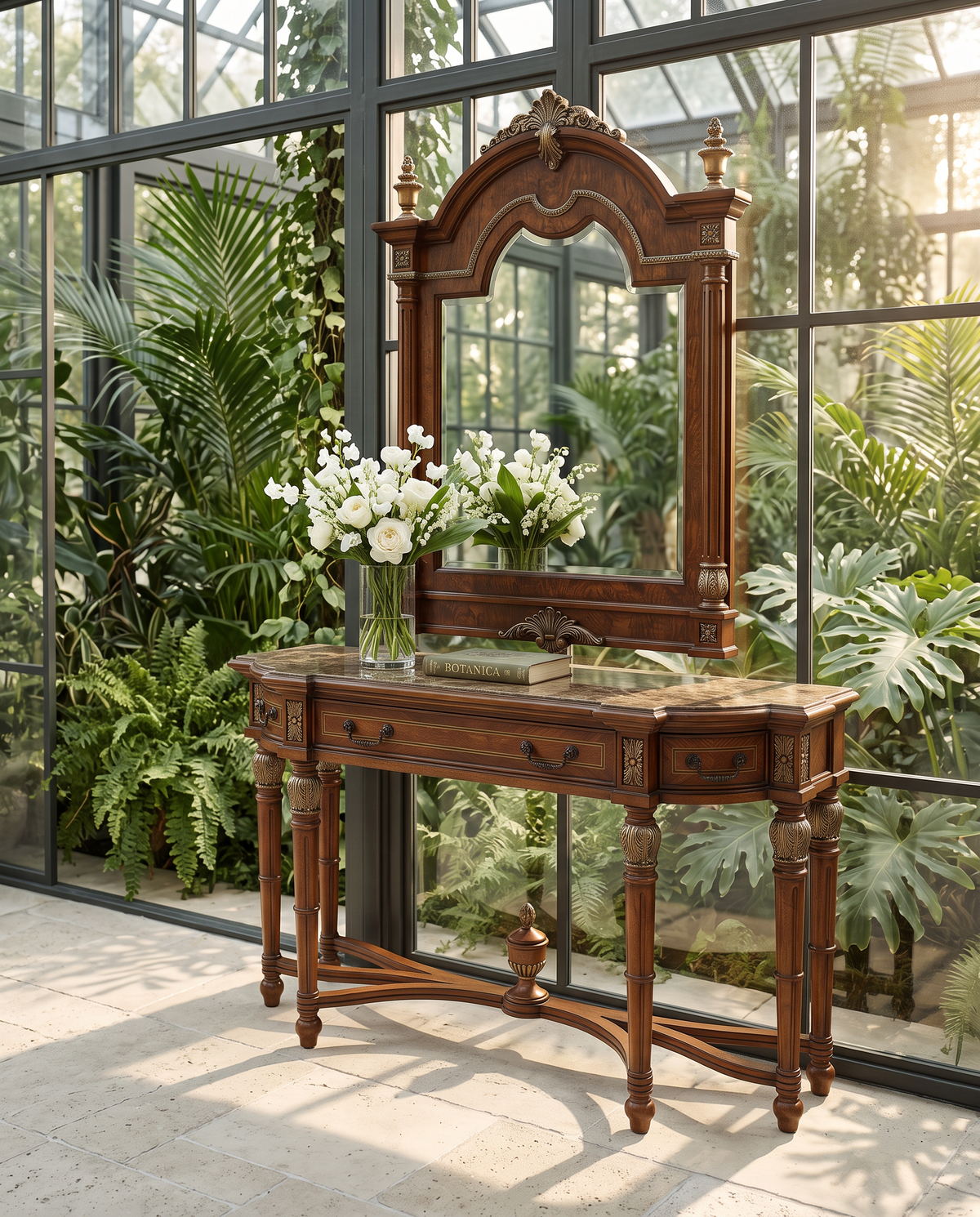 Carved Walnut Console Table with Drawers – Solid Beech