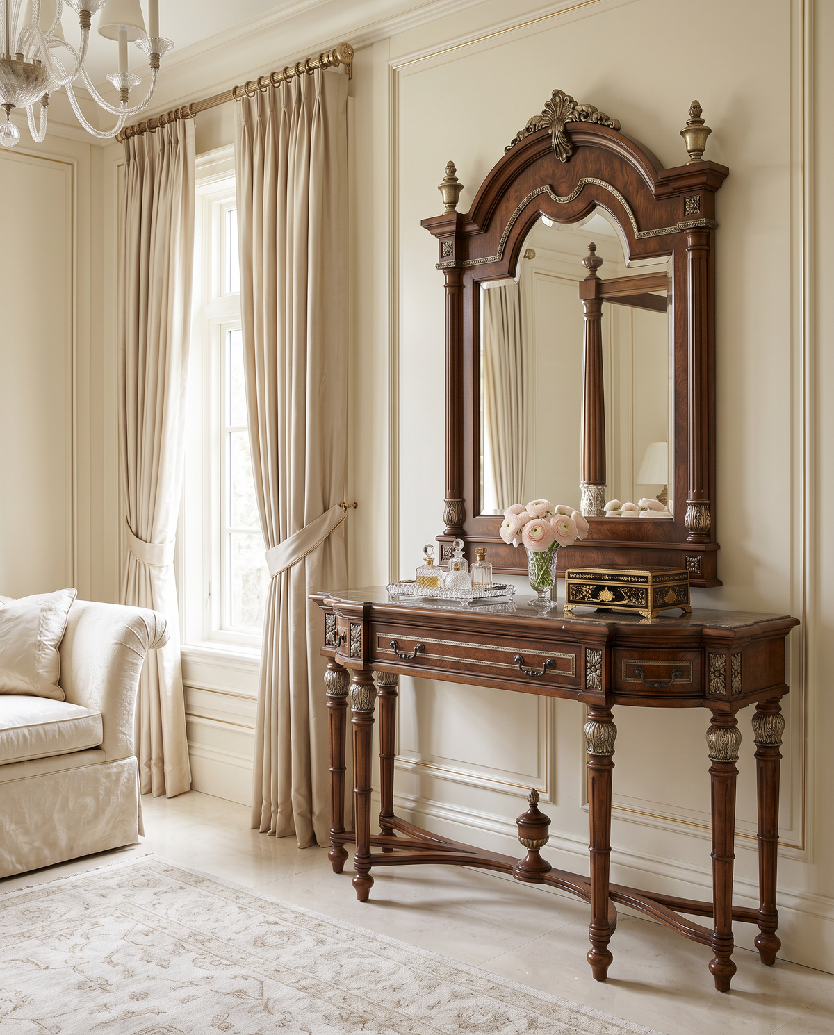 Carved Walnut Console Table with Drawers – Solid Beech