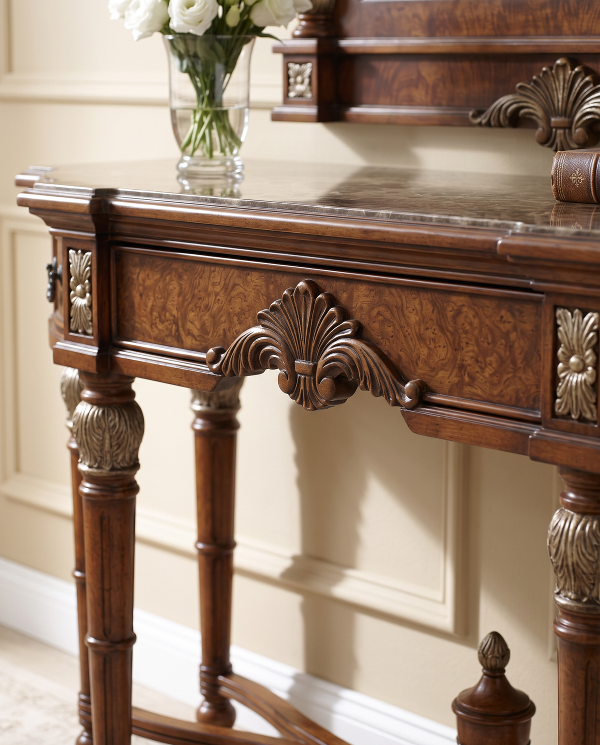 Carved Walnut Console Table with Drawers – Solid Beech