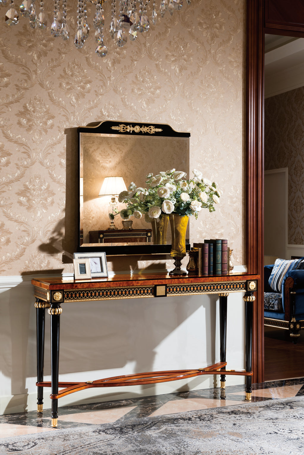 Regency Elegance Console Table – Solid Beech Wood with Black & Gold Accents