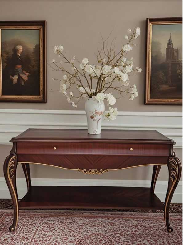 Elegant Traditional Solid Wood Console Table with Cabriole Legs, Gold Accents & Storage
