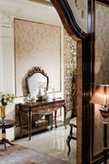 Luxury European-Style Solid Wood Console Table with Floral Inlay & Gold Accents