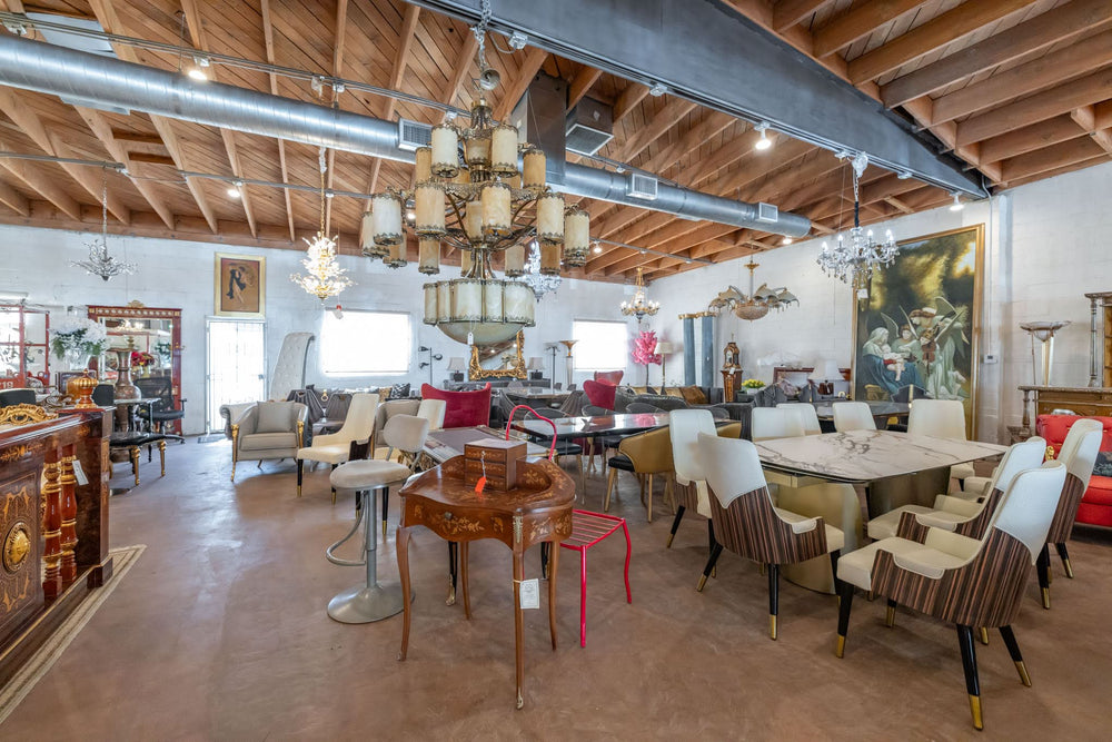 Dining tables and chairs on display in the Los Angeles showroom