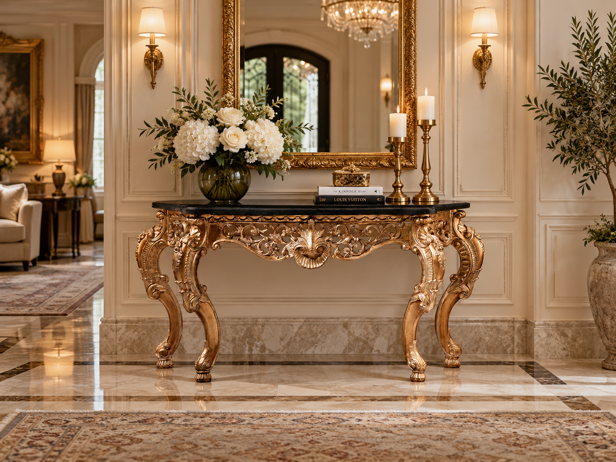 Regal Baroque Marble Top Console Table – Green, White or Black Marble