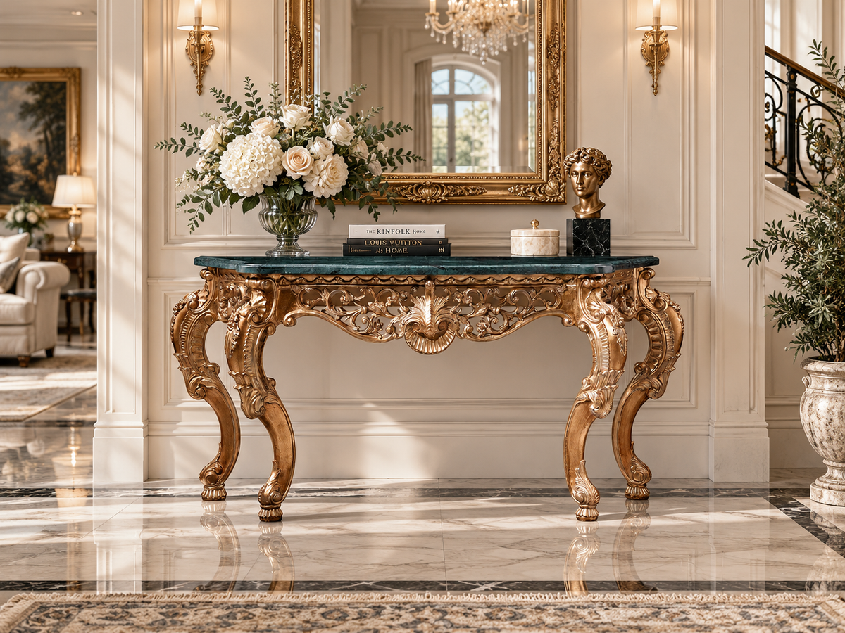 Regal Baroque Marble Top Console Table – Green, White or Black Marble