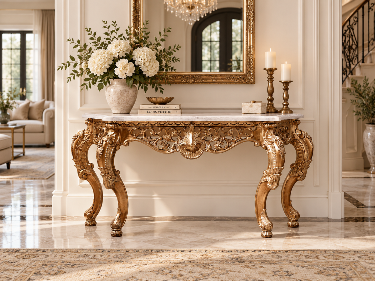 Regal Baroque Marble Top Console Table – Green, White or Black Marble