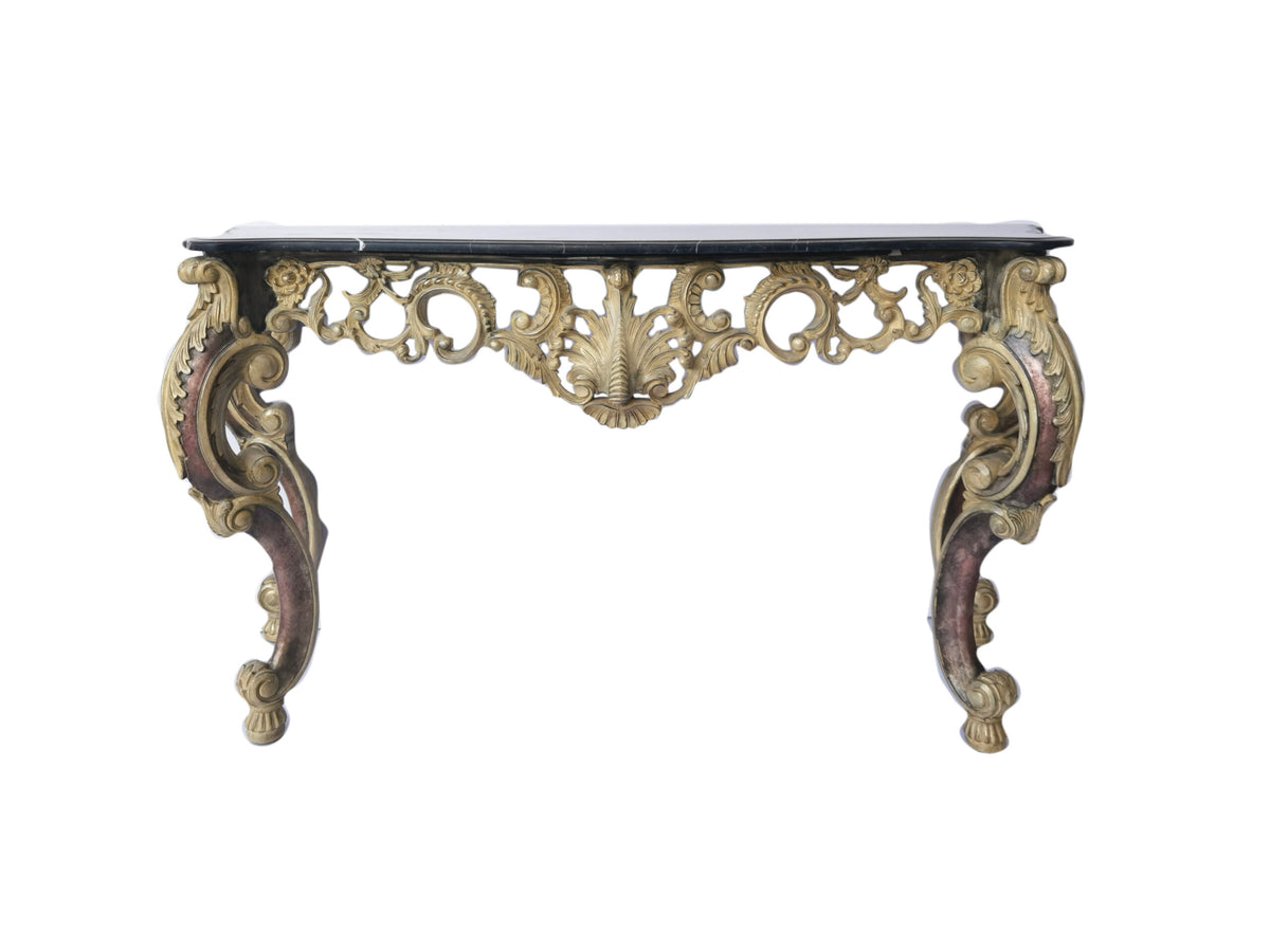 Luxury Baroque Gold Console Table with Dark Marble Top