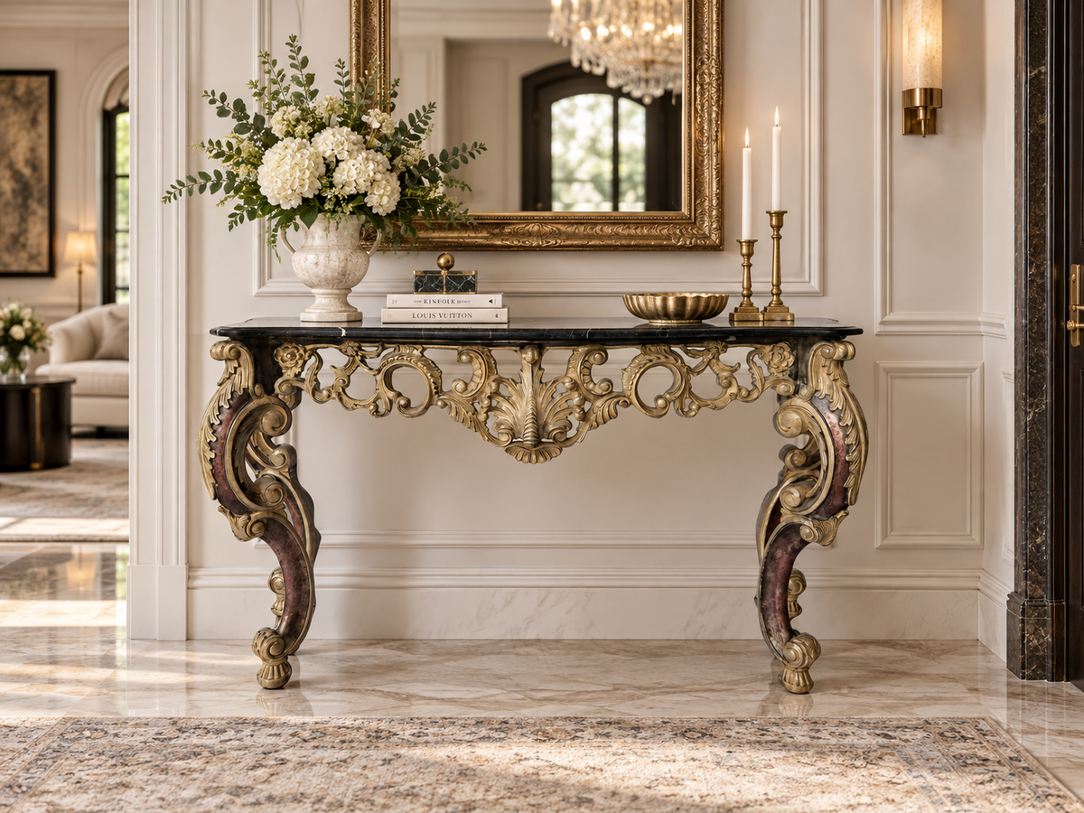 Luxury Baroque Gold Console Table with Dark Marble Top