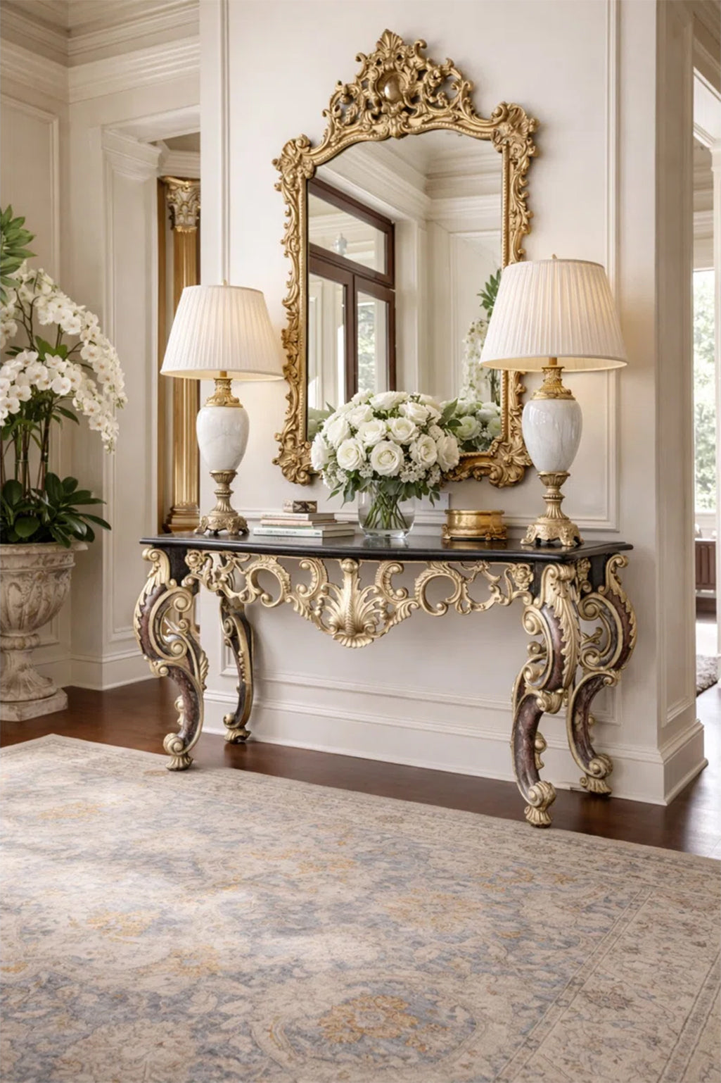 Luxury Baroque Gold Console Table with Dark Marble Top