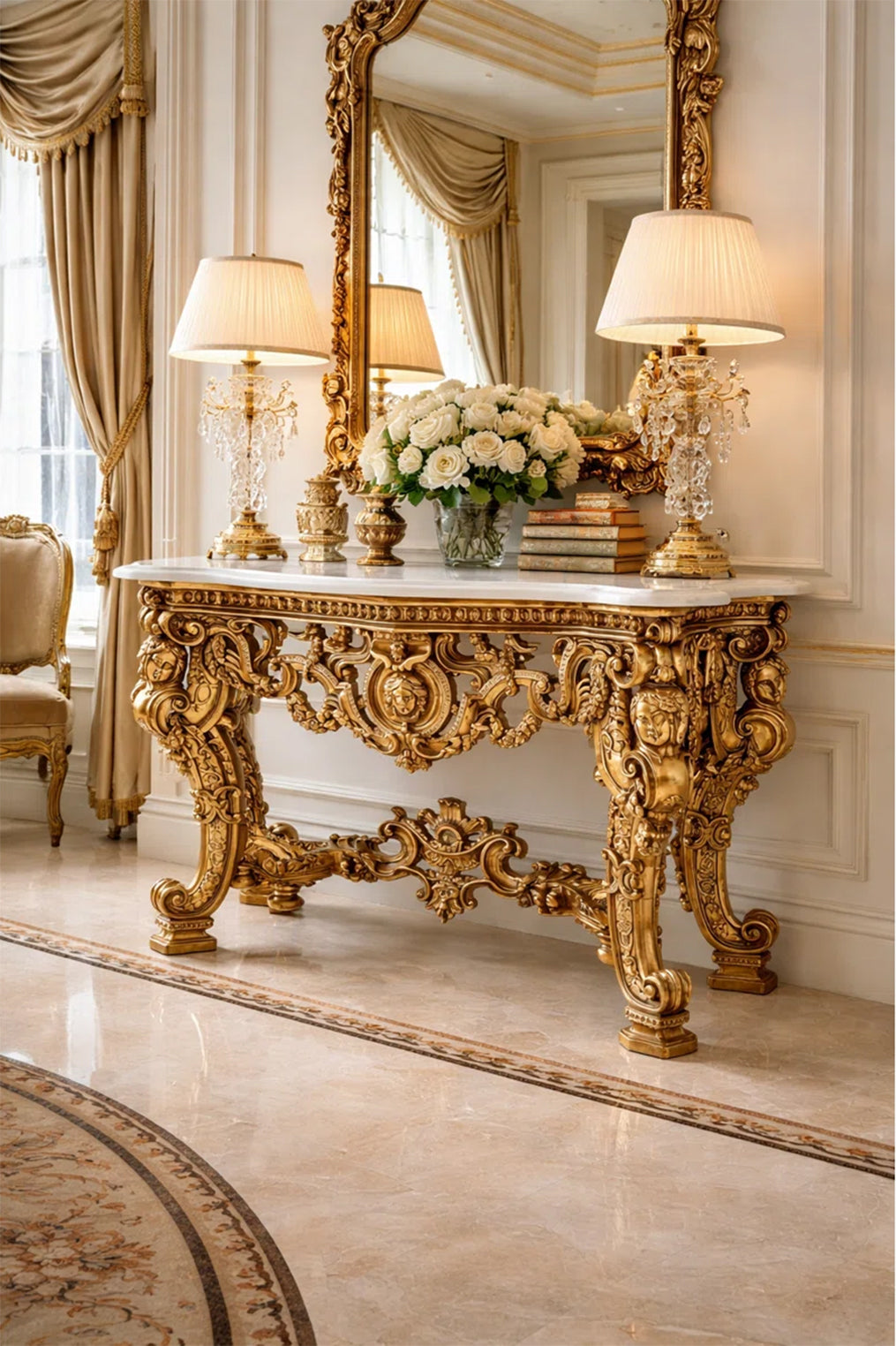 Ornate Baroque Gold Console Table with White Marble Top