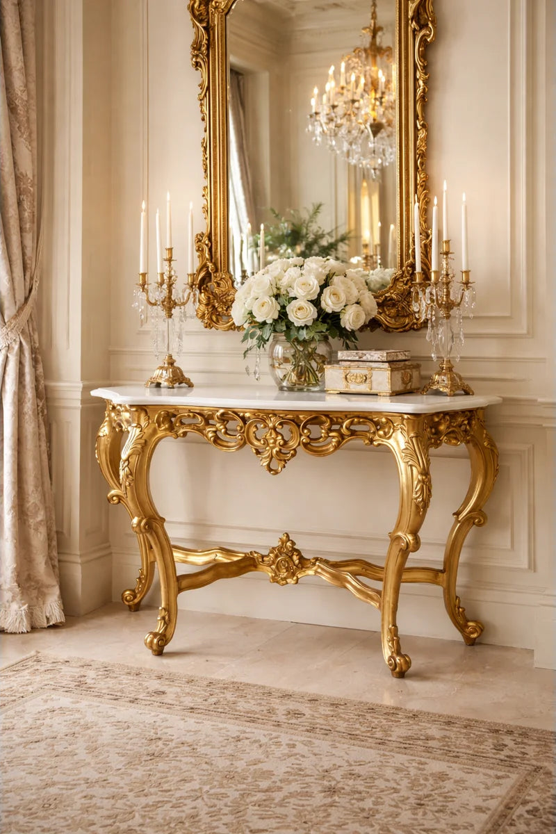 Regal Gold Ornate Marble Top Console Table
