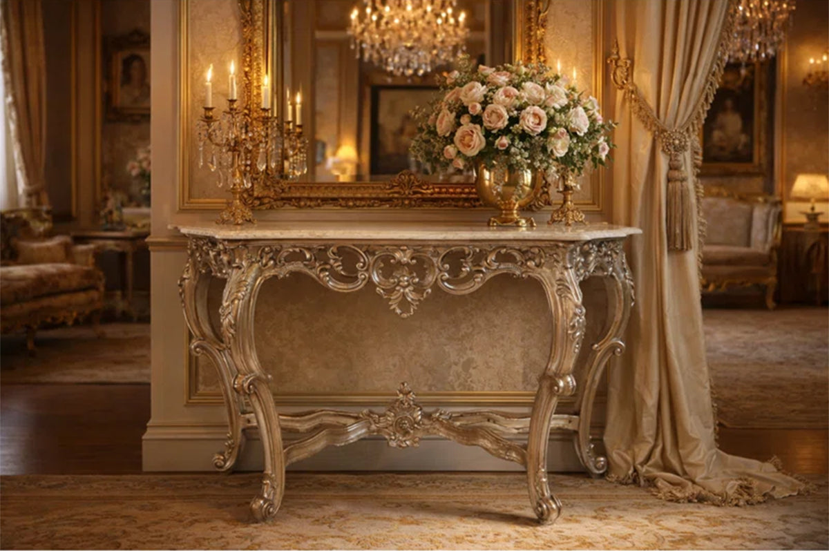Regal Rococo Silver Console Table with Marble Top – 53" Wide