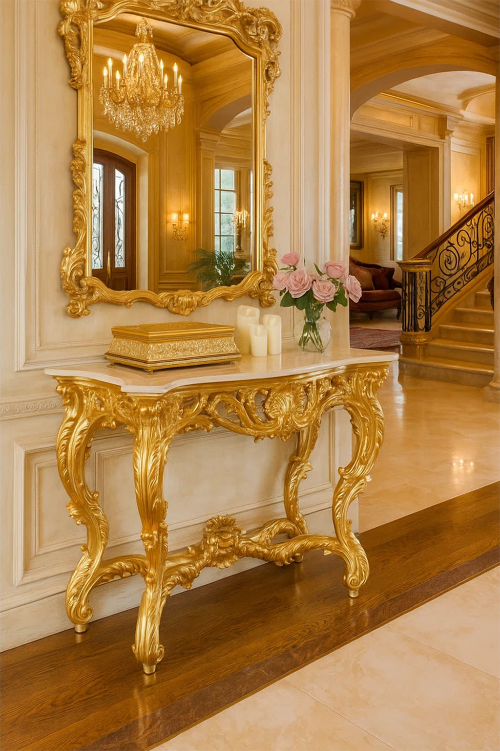 Versailles Rococo Console Table – Bright Gold & Ivory Marble