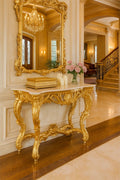 Versailles Gilded Rococo Marble-Top Console Table – Bright Gold & Ivory