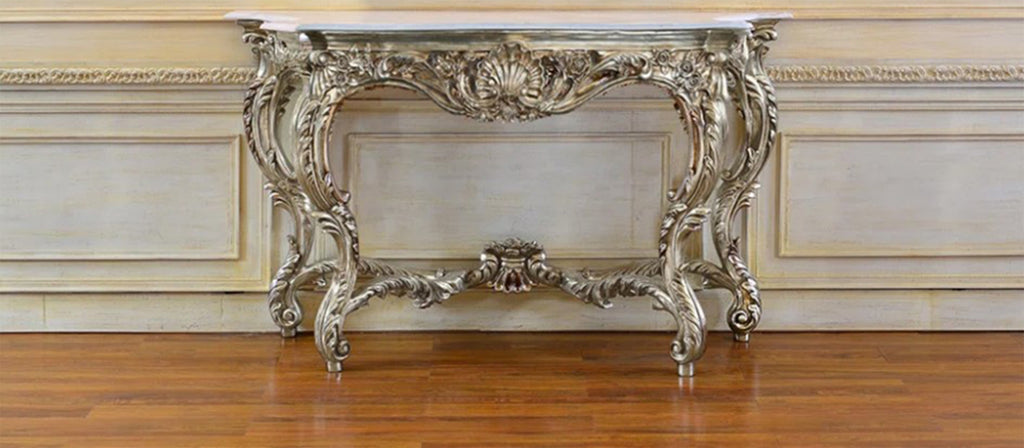 Luxury Rococo Silver Console Table with White Stone Top – 60.6" Wide