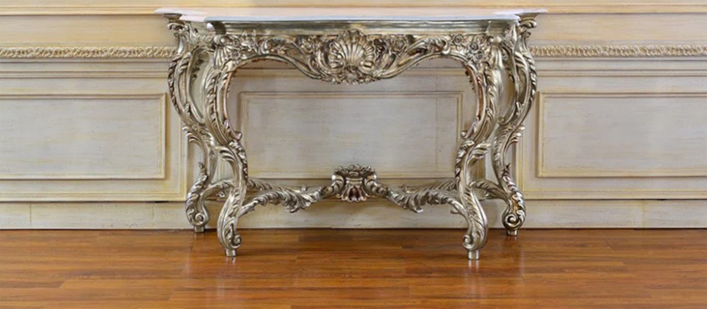 Luxury Rococo Silver Console Table with White Stone Top – 60.6" Wide