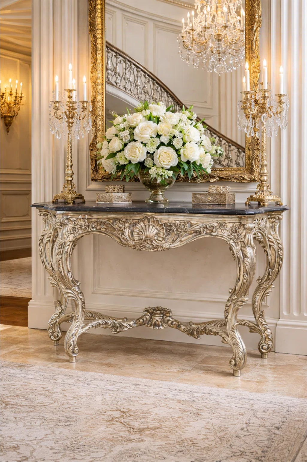 Ornate Silver Carved Console Table with Black Marble Top
