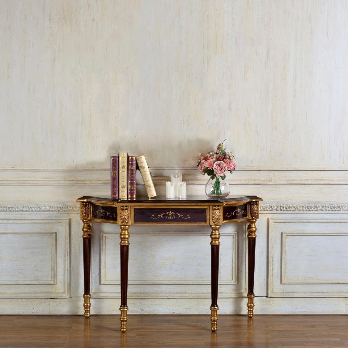 Regency Dark Brown & Gold Console Table with Ornate Carved Details