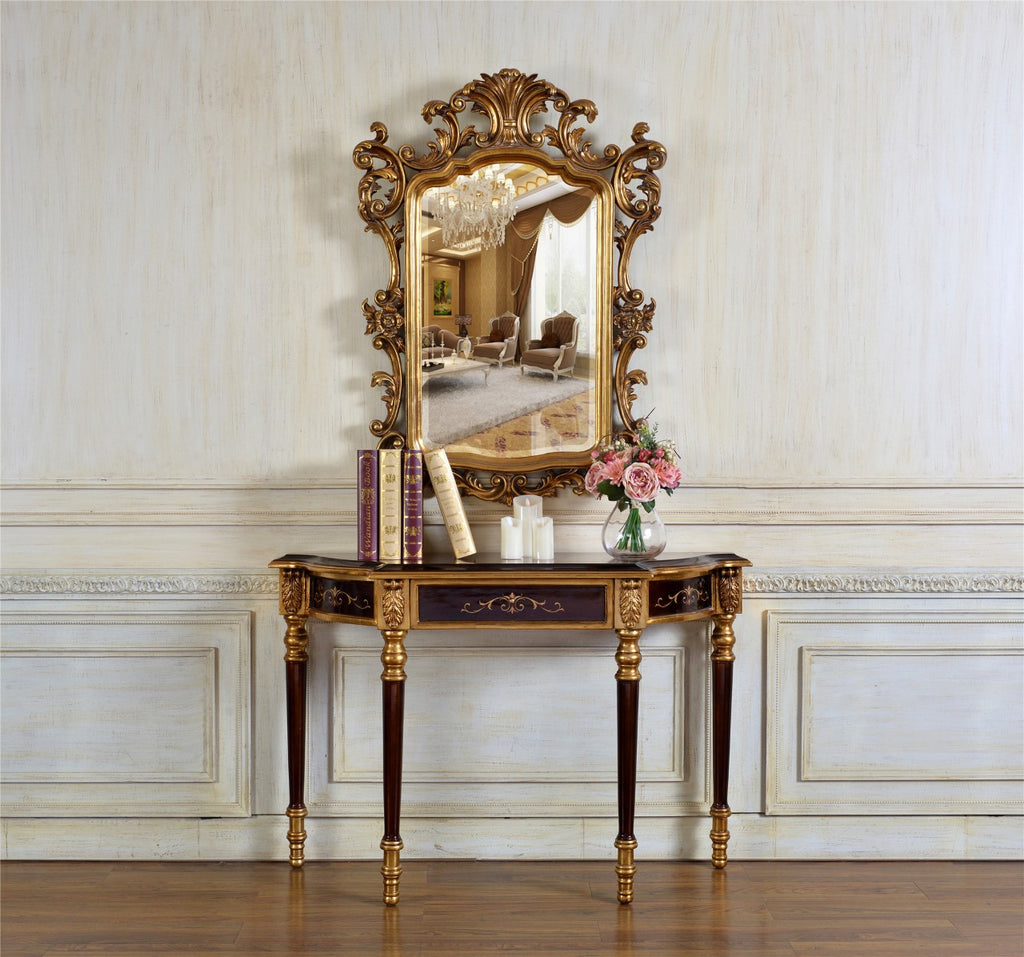 Regency Dark Brown & Gold Console Table with Ornate Carved Details
