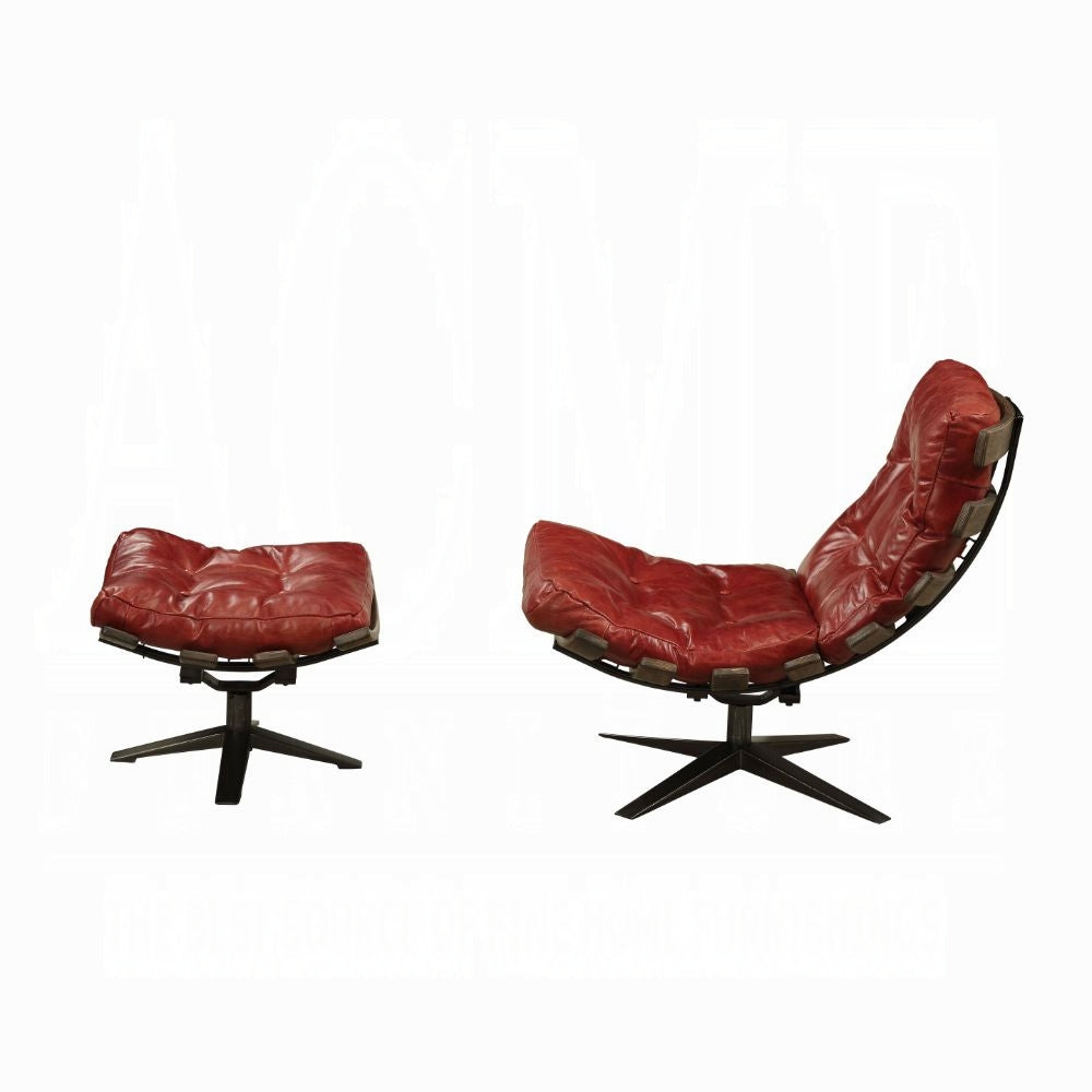 Antique Red Top-Grain Leather Swivel Lounge Chair & Ottoman Set