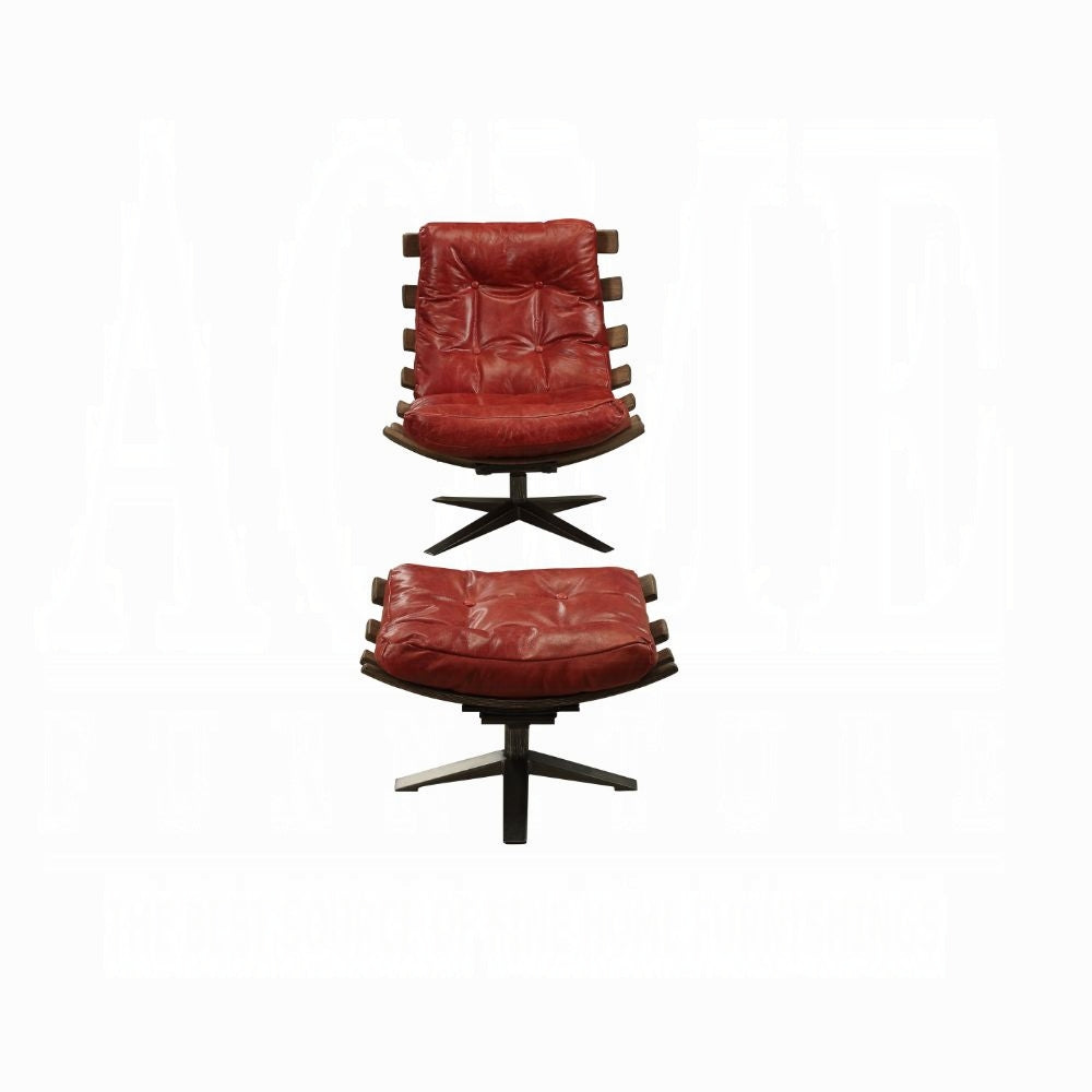 Antique Red Top-Grain Leather Swivel Lounge Chair & Ottoman Set