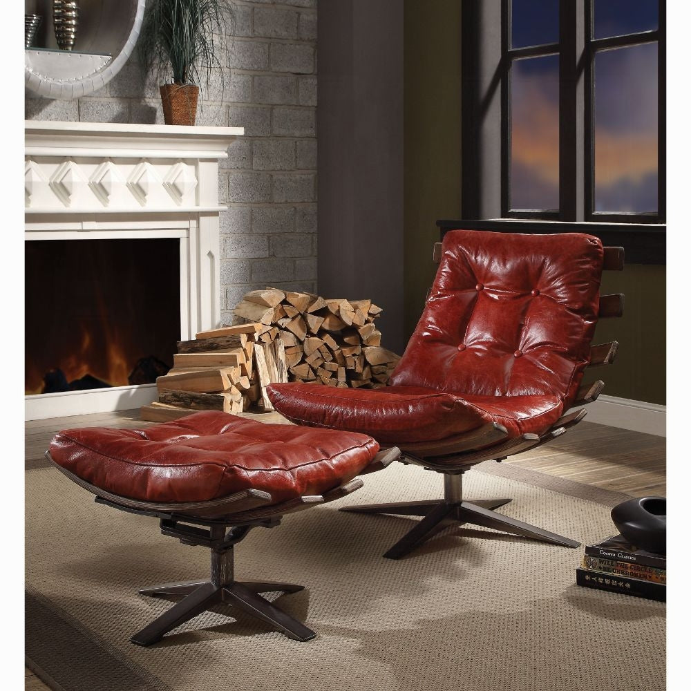 Antique Red Top-Grain Leather Swivel Lounge Chair & Ottoman Set