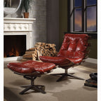 Antique Red Top-Grain Leather Swivel Lounge Chair & Ottoman Set