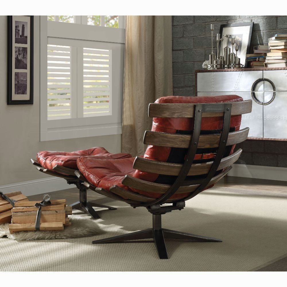 Antique Red Top-Grain Leather Swivel Lounge Chair & Ottoman Set