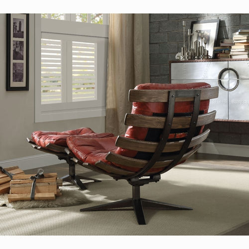 Antique Red Top-Grain Leather Swivel Lounge Chair & Ottoman Set