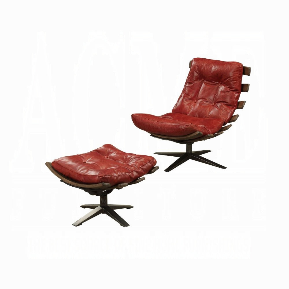 Antique Red Top-Grain Leather Swivel Lounge Chair & Ottoman Set