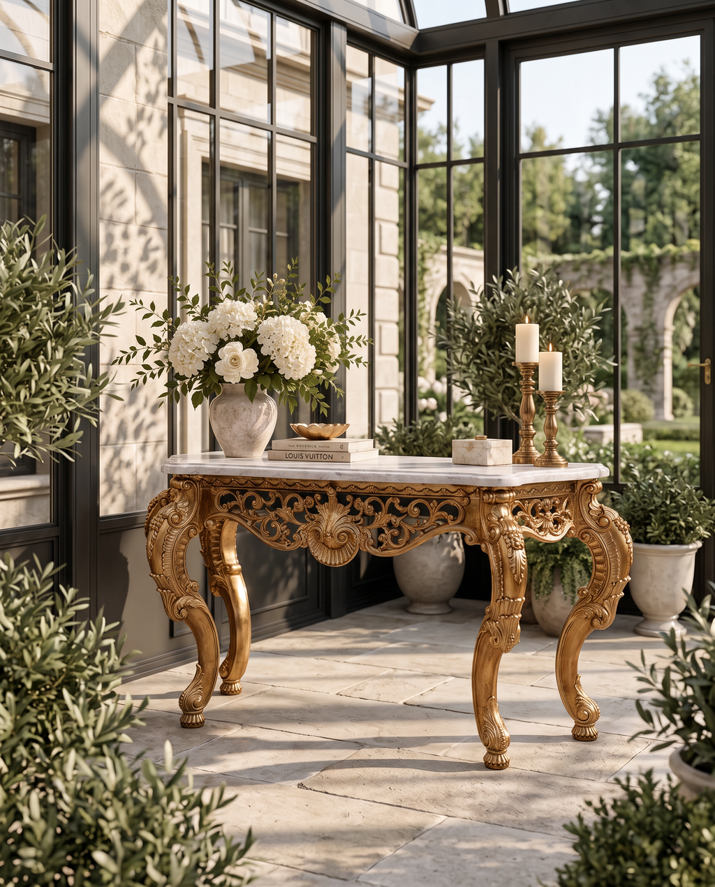 Gold Console Table with Marble Top – Black, White or Green