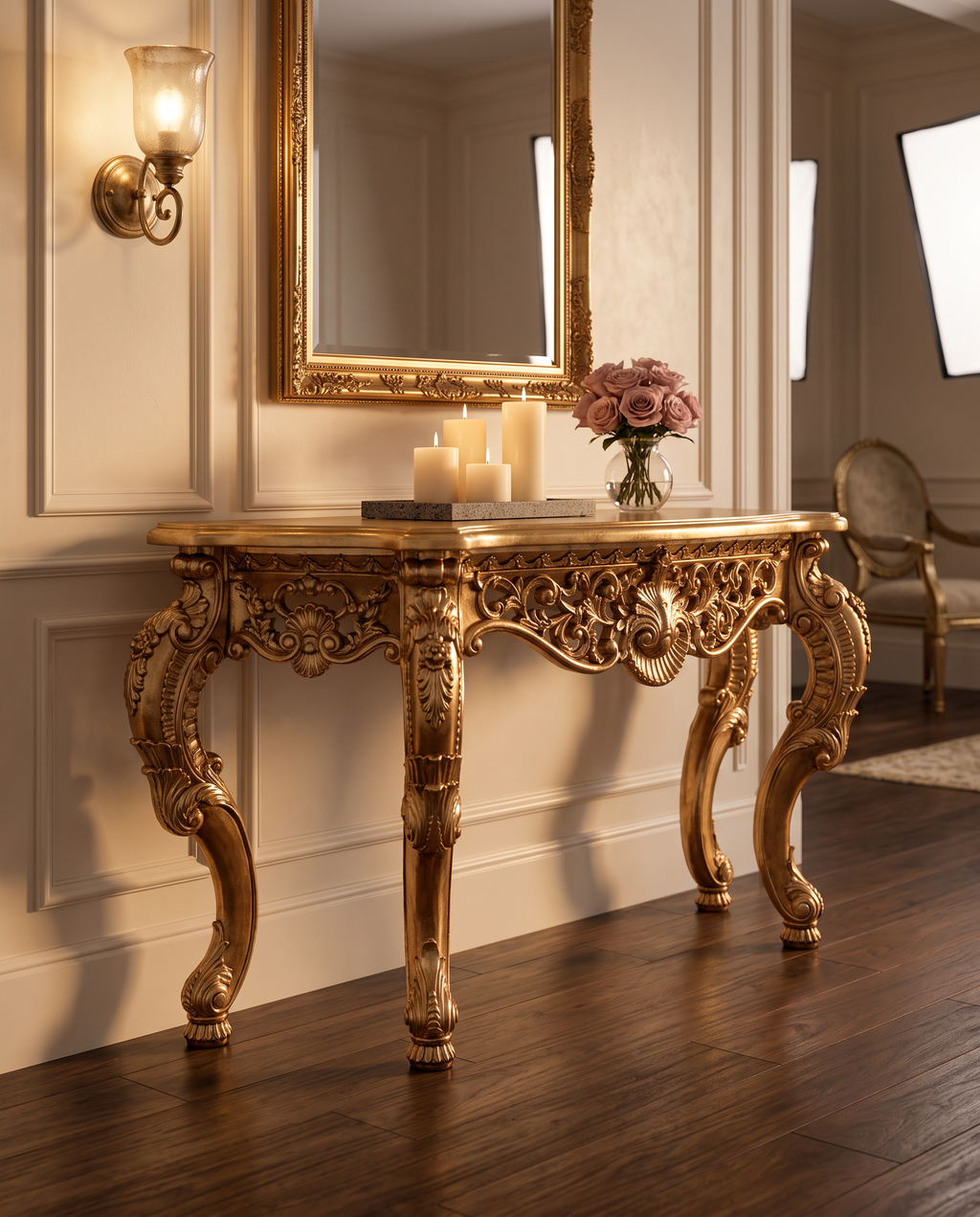Gold Console Table with Marble Top – Black, White or Green